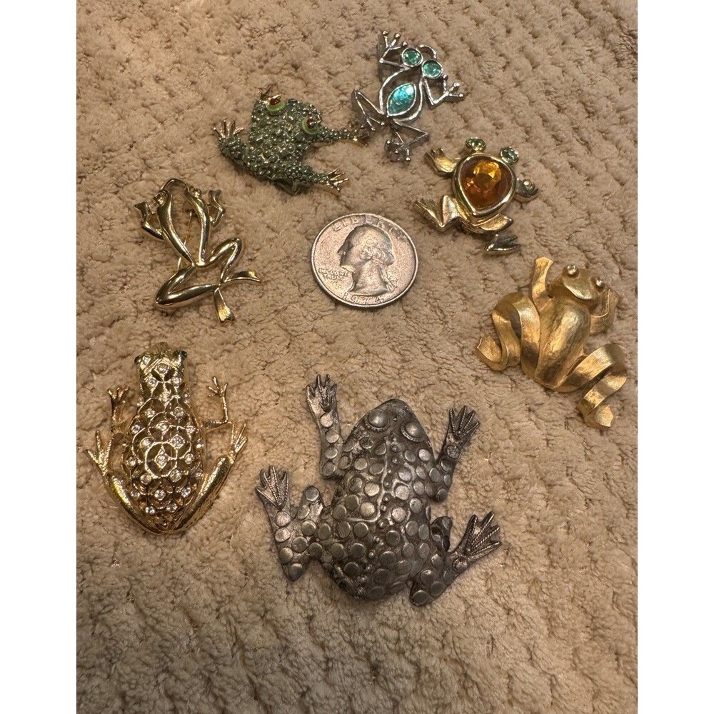 Frog Brooch Pin Lot of 7 Gold Silver Tone Rhinestone Enamel